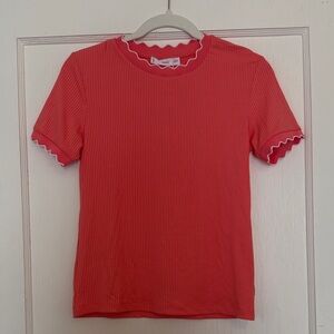 Mango- Women’s Scallop Trim Ribbed Tee - Coral